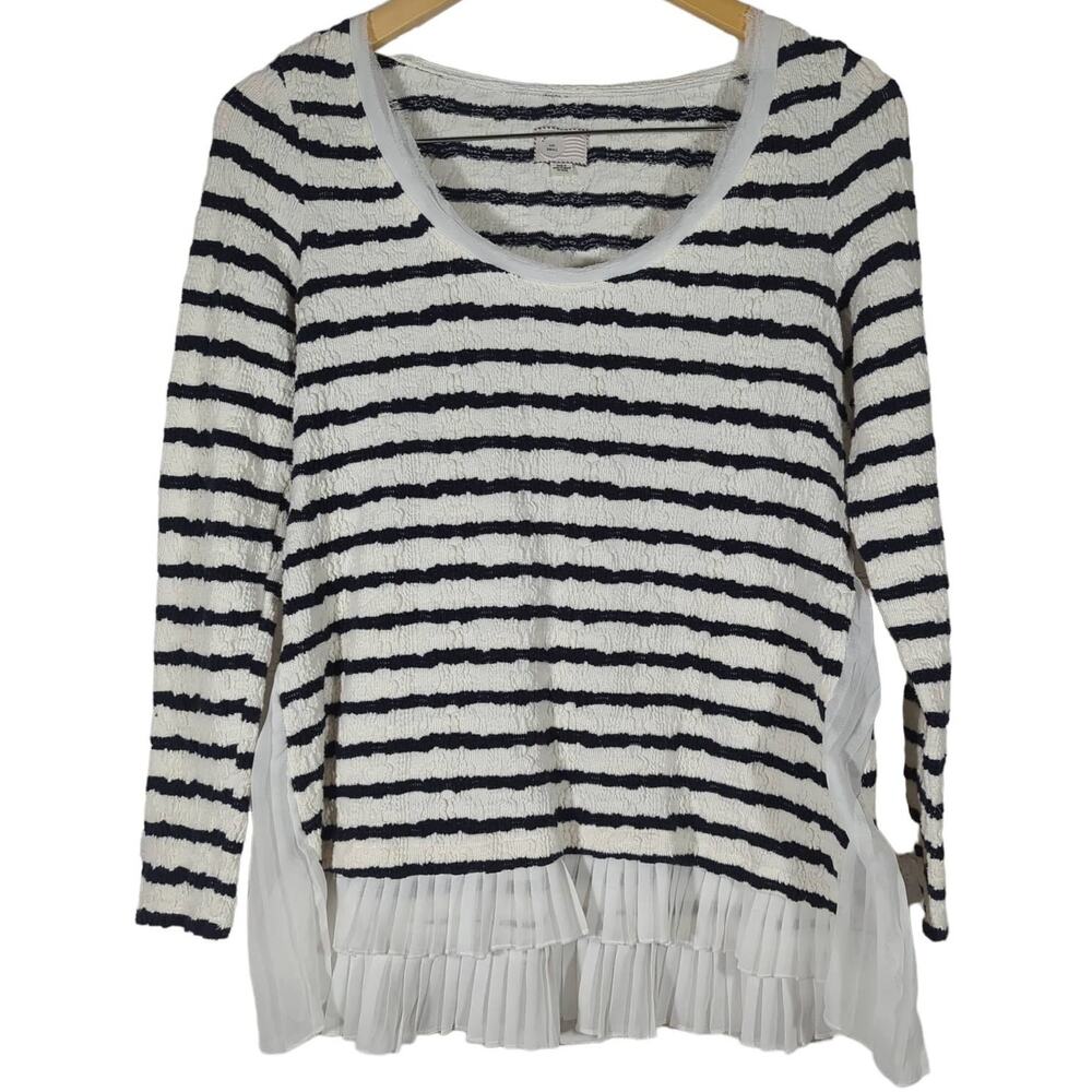 Anthropologie This Is A Story Striped Textured Knit Top Pleated Hem White Navy S